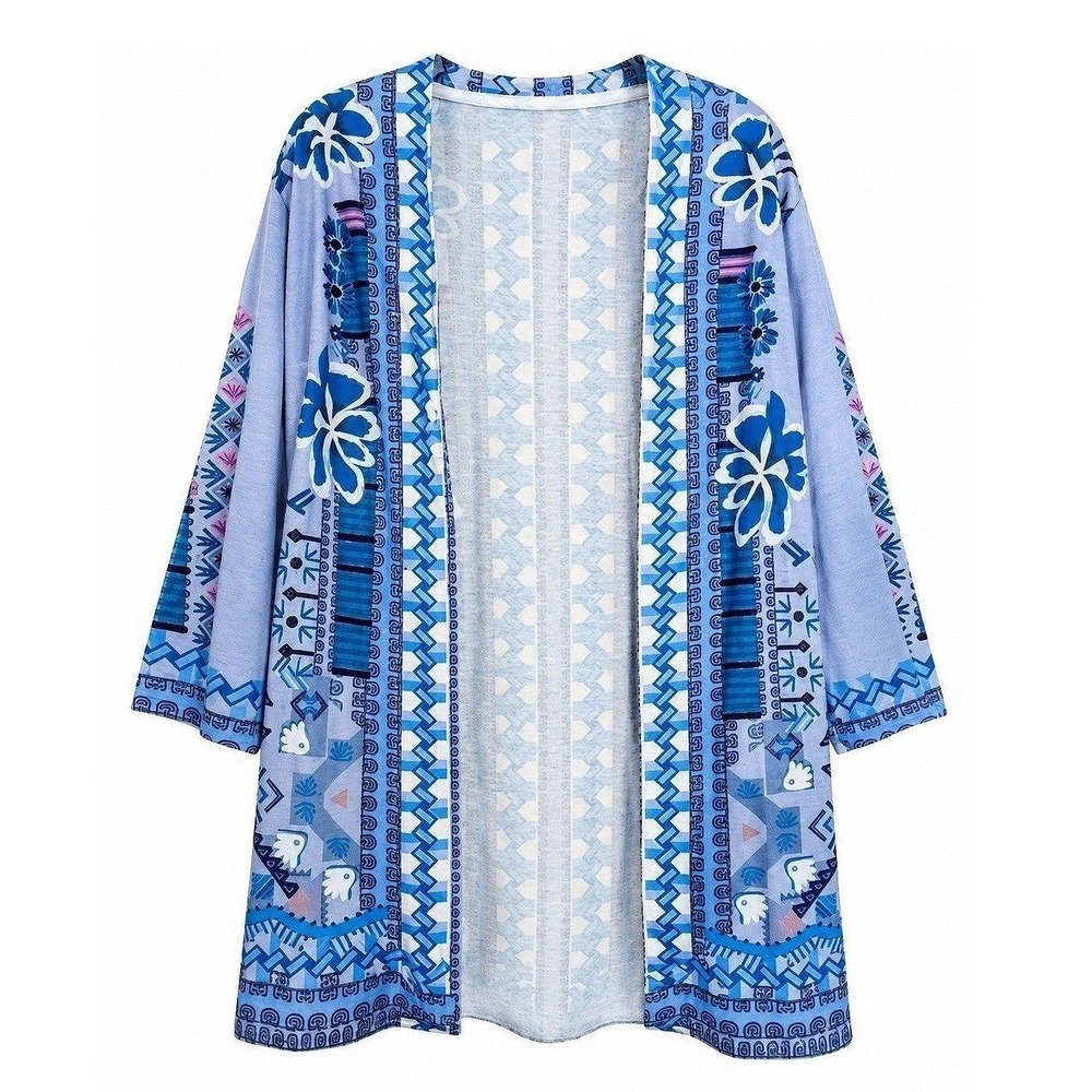 MISSLOOK Womens 4XL Blue Geometric Print Boho Open Front Kimono Cardigan